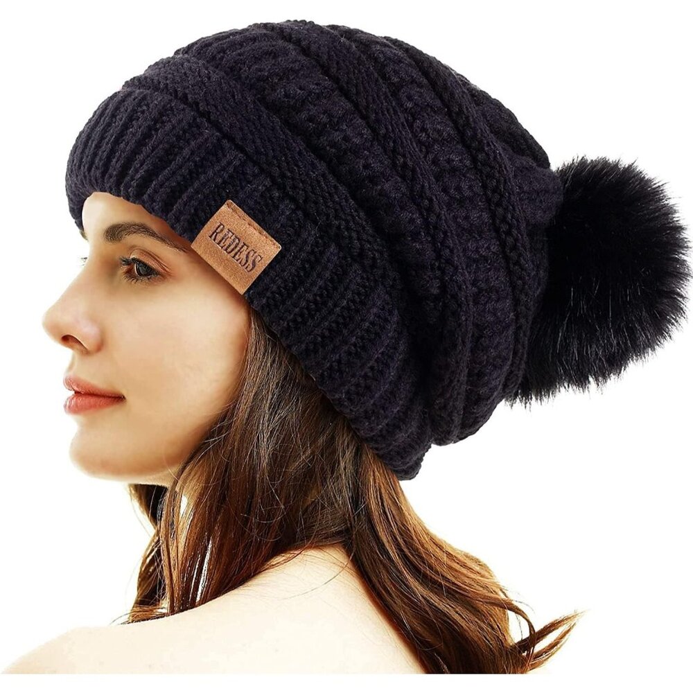 〽️Women Black Winter Pom Pom Beanie Hat with Warm Fleece Lined XL